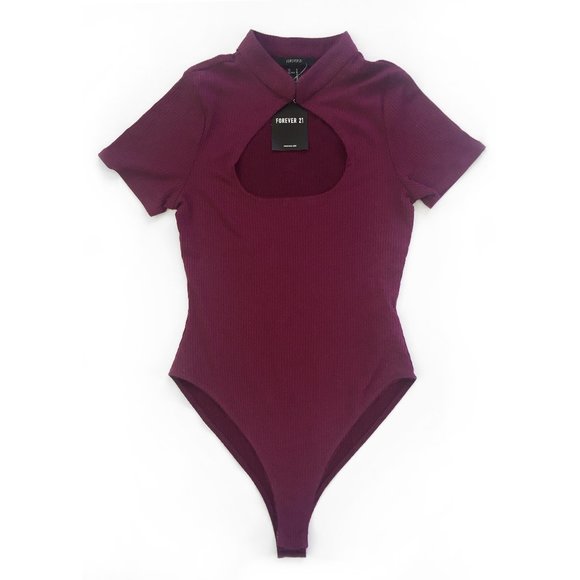 F21 ribbed keyhole bodysuit in wine / burgundy - Picture 1 of 5